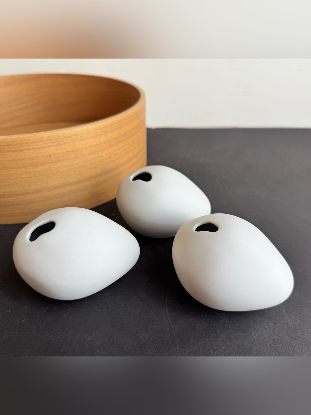 (Set/3) CB2 Crate & Barrel White "Piedra" Pebble Shaped Vases in Matte Ceramic